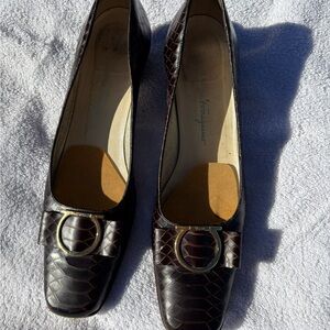 Salvatore Ferragamo Dark Brown Crocodile Pattern Heels